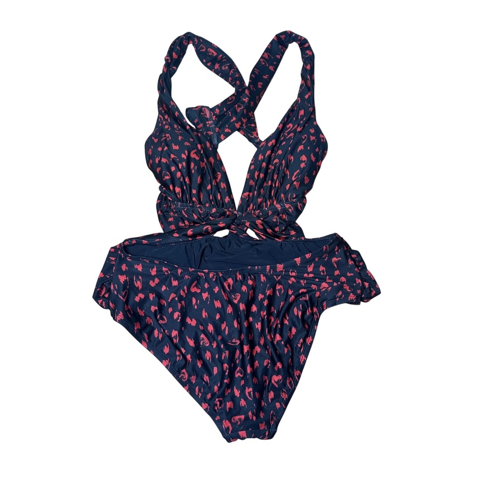 ModCloth Womens Navy Red Heart Leopard Print Cutout Monokini Swimsuit Large L